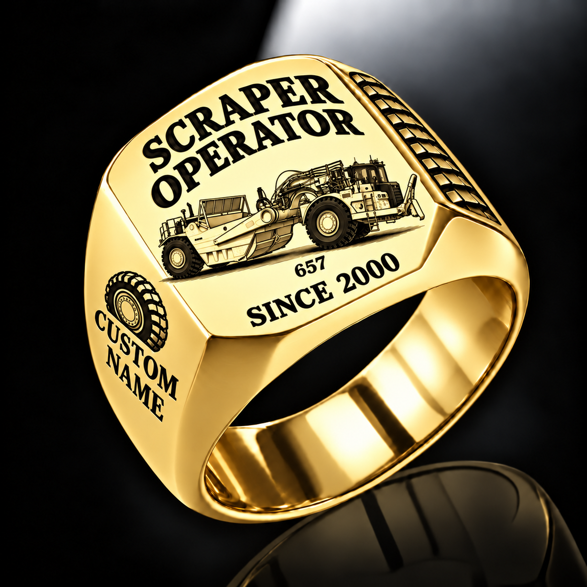657 twin-engine Scraper Operator signet ring in gold with CUSTOM NAME and SINCE 2000