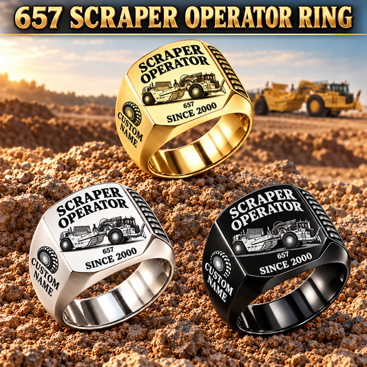 657 twin-engine Scraper Operator signet ring in Silver, Gold and Black with CUSTOM NAME and SINCE 2000