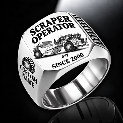 657 twin-engine Scraper Operator signet ring in silver with CUSTOM NAME and SINCE 2000