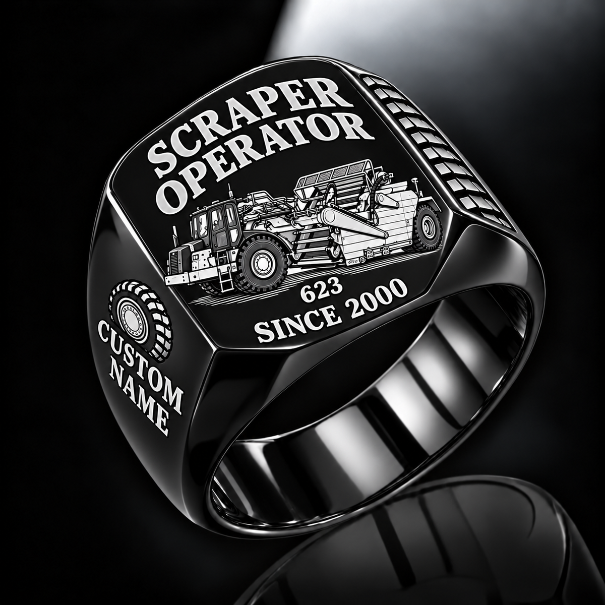 623 elevating Scraper Operator signet ring in black with CUSTOM NAME and SINCE 2000