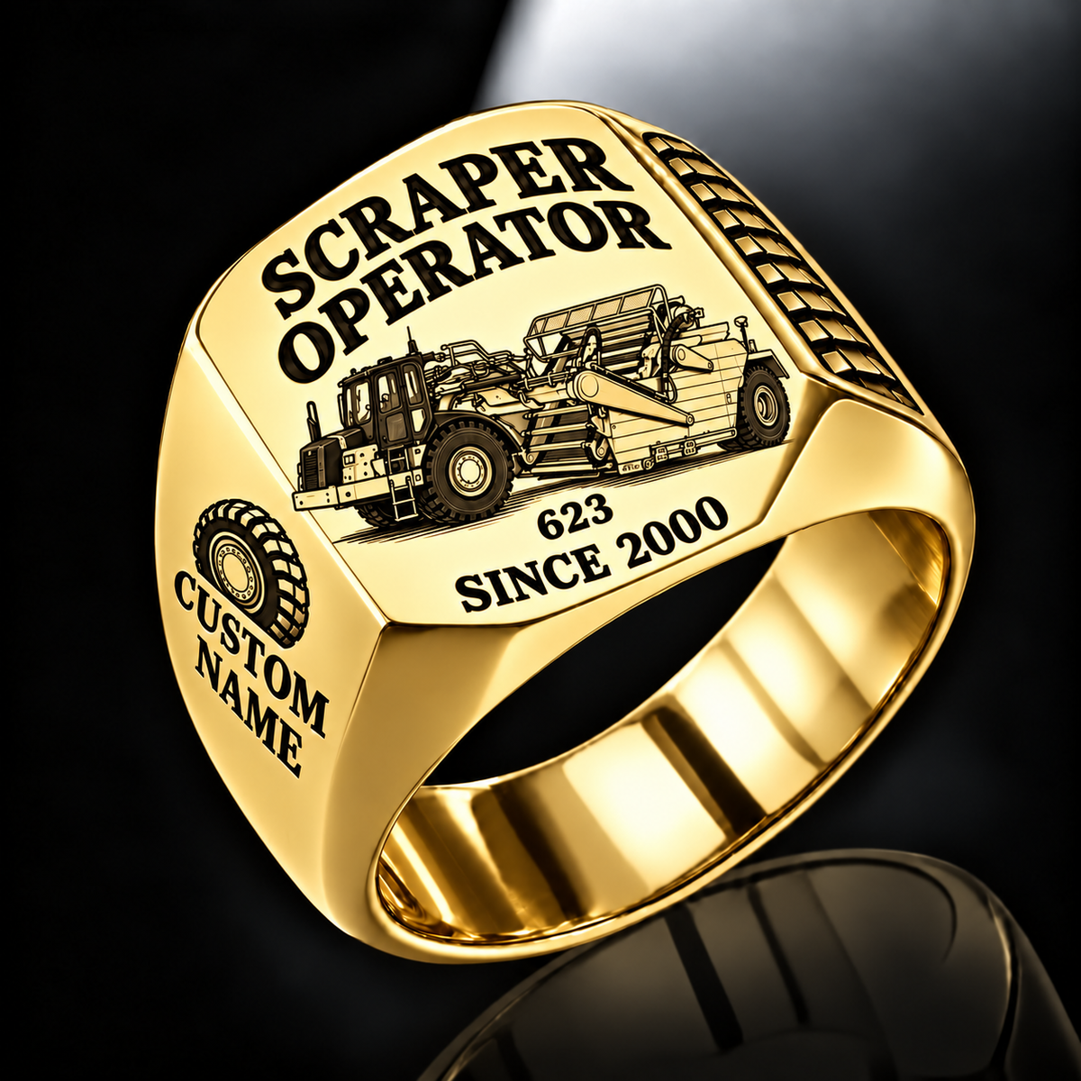623 elevating Scraper Operator signet ring in gold with CUSTOM NAME and SINCE 2000