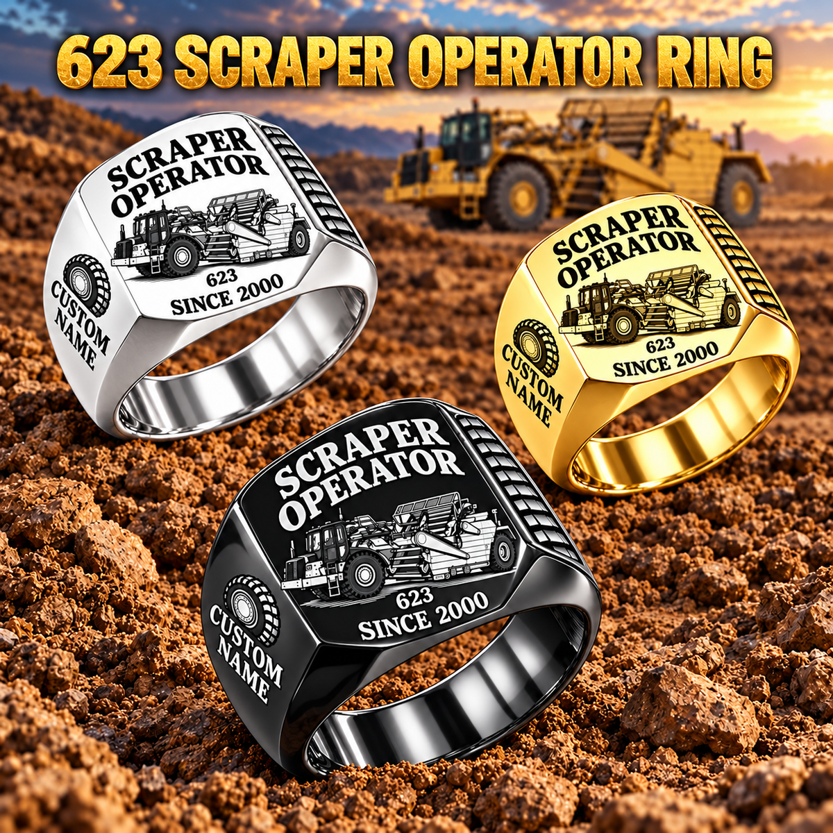 623 elevating scraper operator signet rings in Silver, Gold and Black, with Custom Name and Since 2000 engraving.