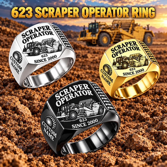 623 elevating scraper operator signet rings in Silver, Gold and Black, with Custom Name and Since 2000 engraving.