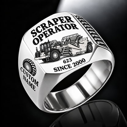 623 elevating Scraper Operator signet ring in silver with CUSTOM NAME and SINCE 2000