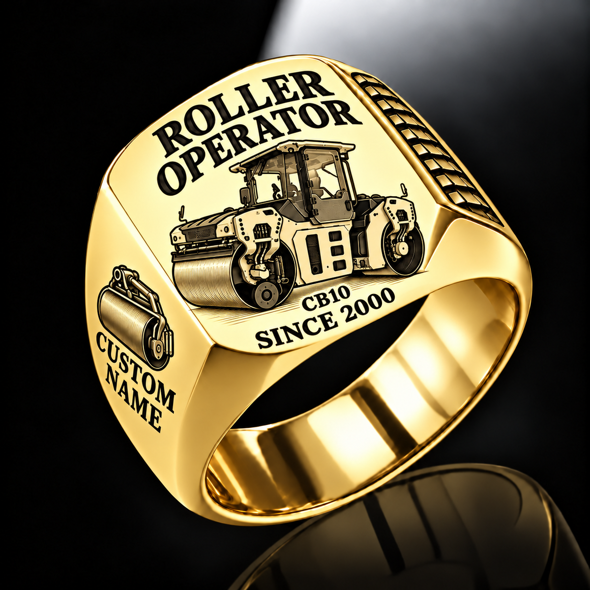 Personalized CB10 Roller Operator Ring in gold finish, with flat tandem smooth-drum engraving, CUSTOM NAME and SINCE 2000.