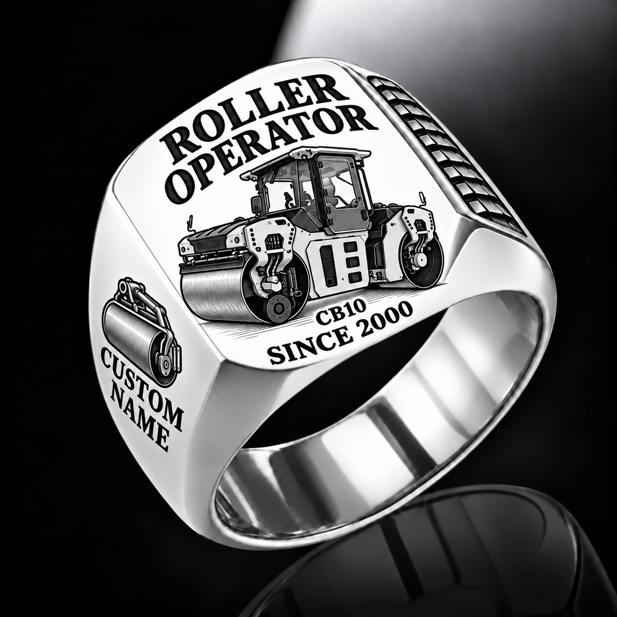 Personalized CB10 Roller Operator Ring in silver finish, with flat tandem smooth-drum engraving, CUSTOM NAME and SINCE 2000.