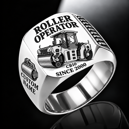 Personalized CB10 Roller Operator Ring in silver finish, with flat tandem smooth-drum engraving, CUSTOM NAME and SINCE 2000.