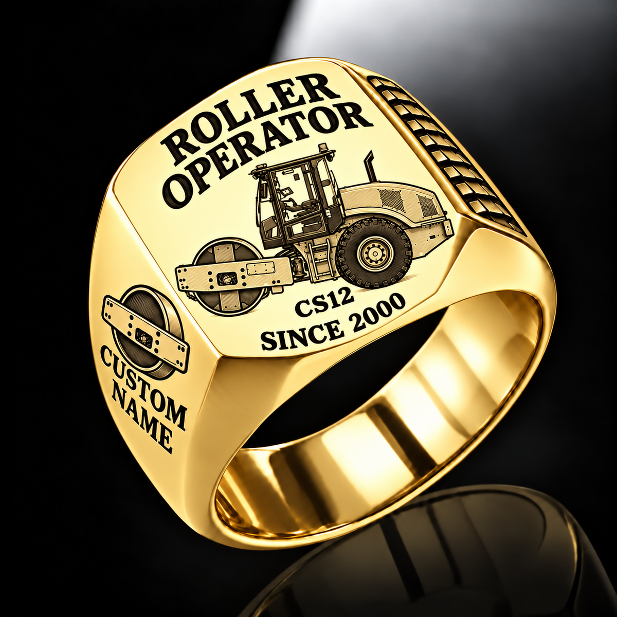 Personalized CS12 Roller Operator Ring in gold finish, with flat single-drum soil compactor engraving, CUSTOM NAME and SINCE 2000.