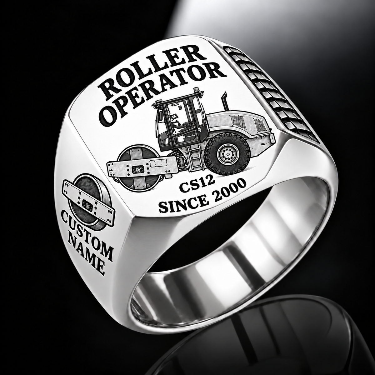 Personalized CS12 Roller Operator Ring in silver finish, with flat single-drum soil compactor engraving, CUSTOM NAME and SINCE 2000.