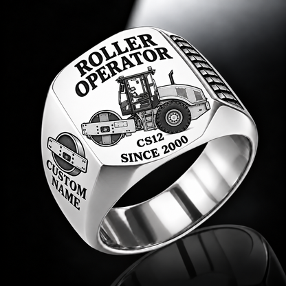 Personalized CS12 Roller Operator Ring in silver finish, with flat single-drum soil compactor engraving, CUSTOM NAME and SINCE 2000.