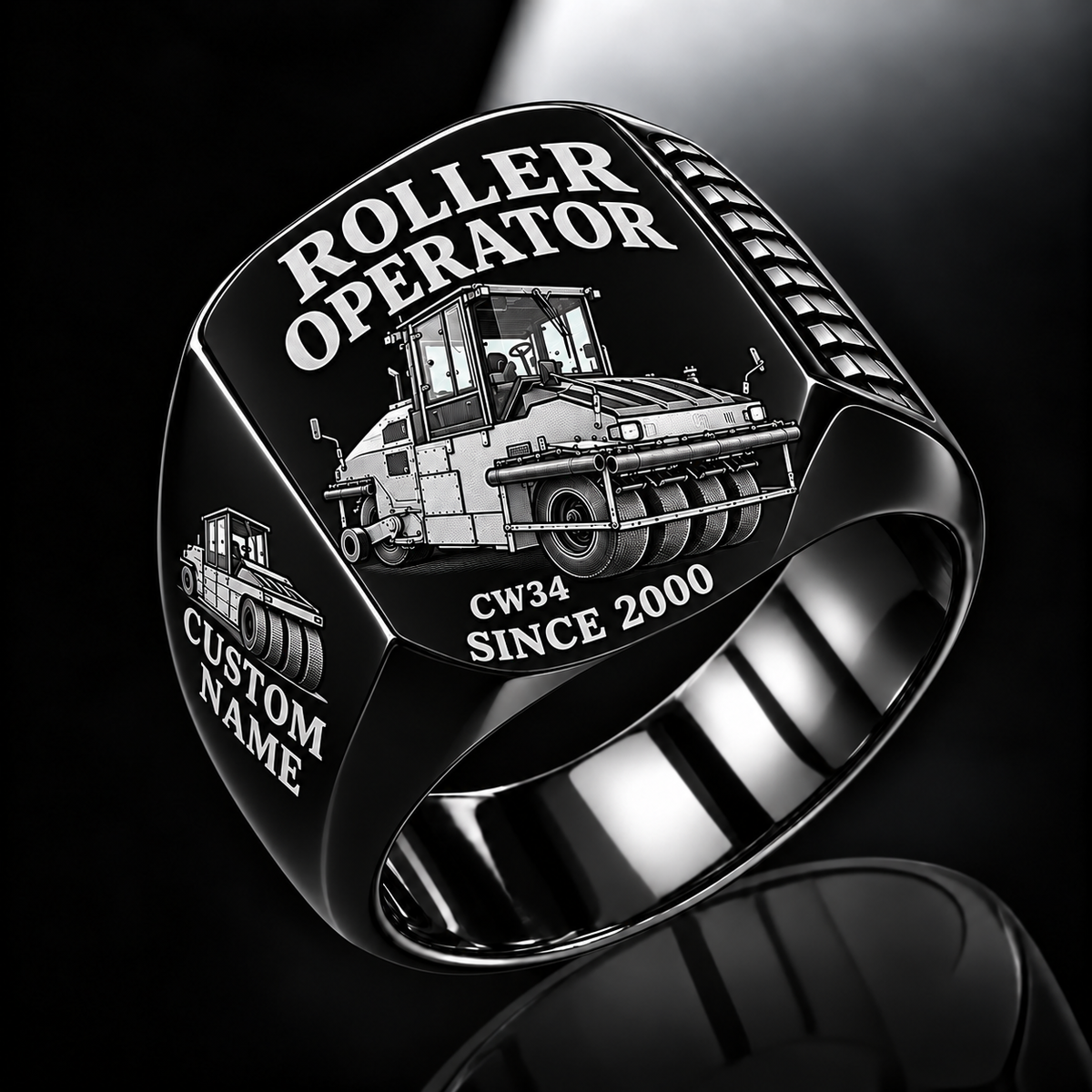 Personalized CW34 Roller Operator Ring in black finish, with flat pneumatic roller engraving, CUSTOM NAME and SINCE 2000.