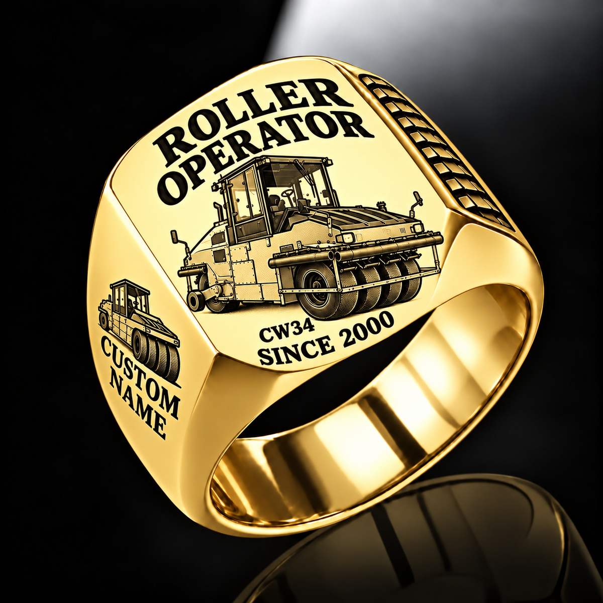 Personalized CW34 Roller Operator Ring in gold finish, with flat pneumatic roller engraving, CUSTOM NAME and SINCE 2000.