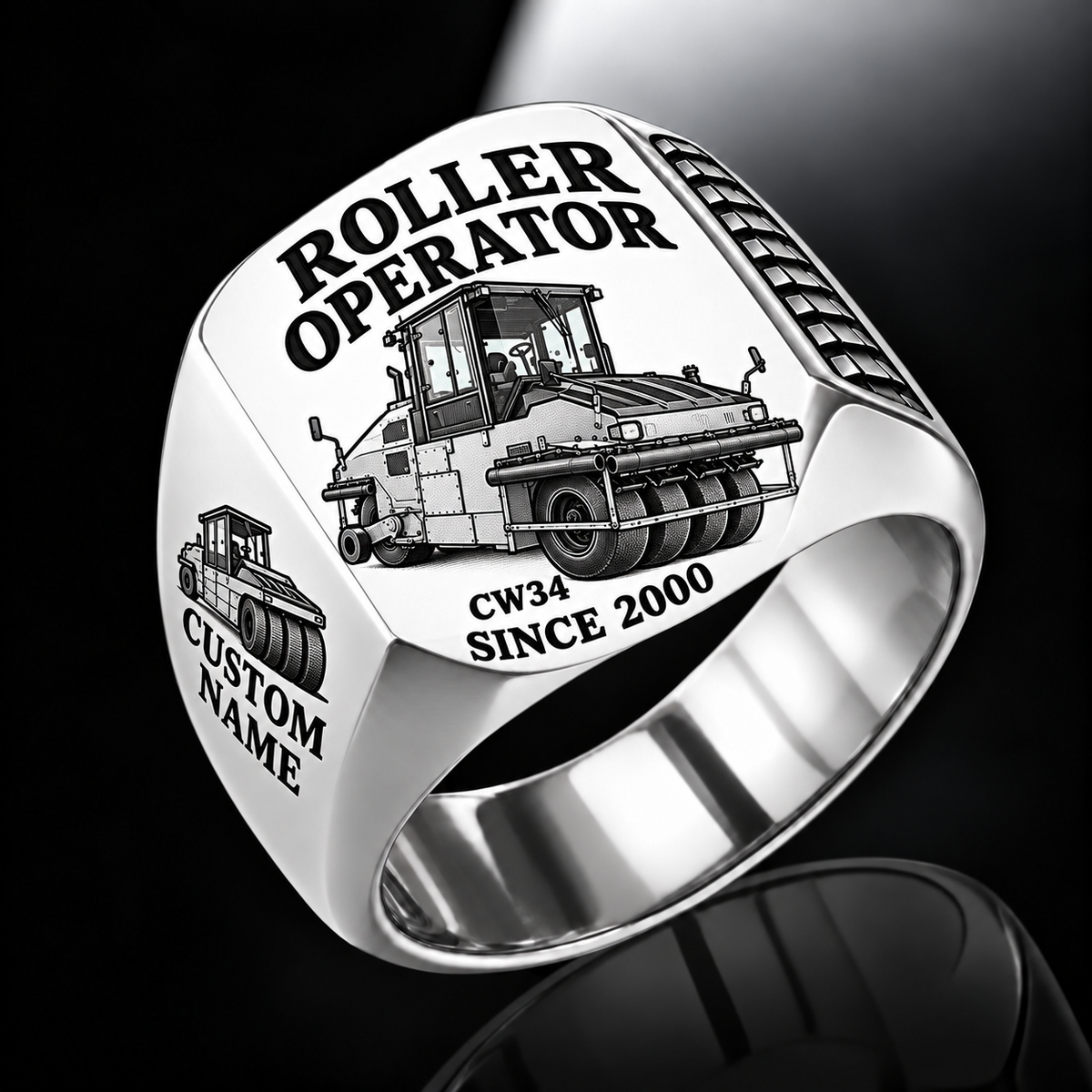 Personalized CW34 Roller Operator Ring in silver finish, with flat pneumatic roller engraving, CUSTOM NAME and SINCE 2000.
