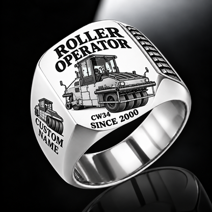 Personalized CW34 Roller Operator Ring in silver finish, with flat pneumatic roller engraving, CUSTOM NAME and SINCE 2000.