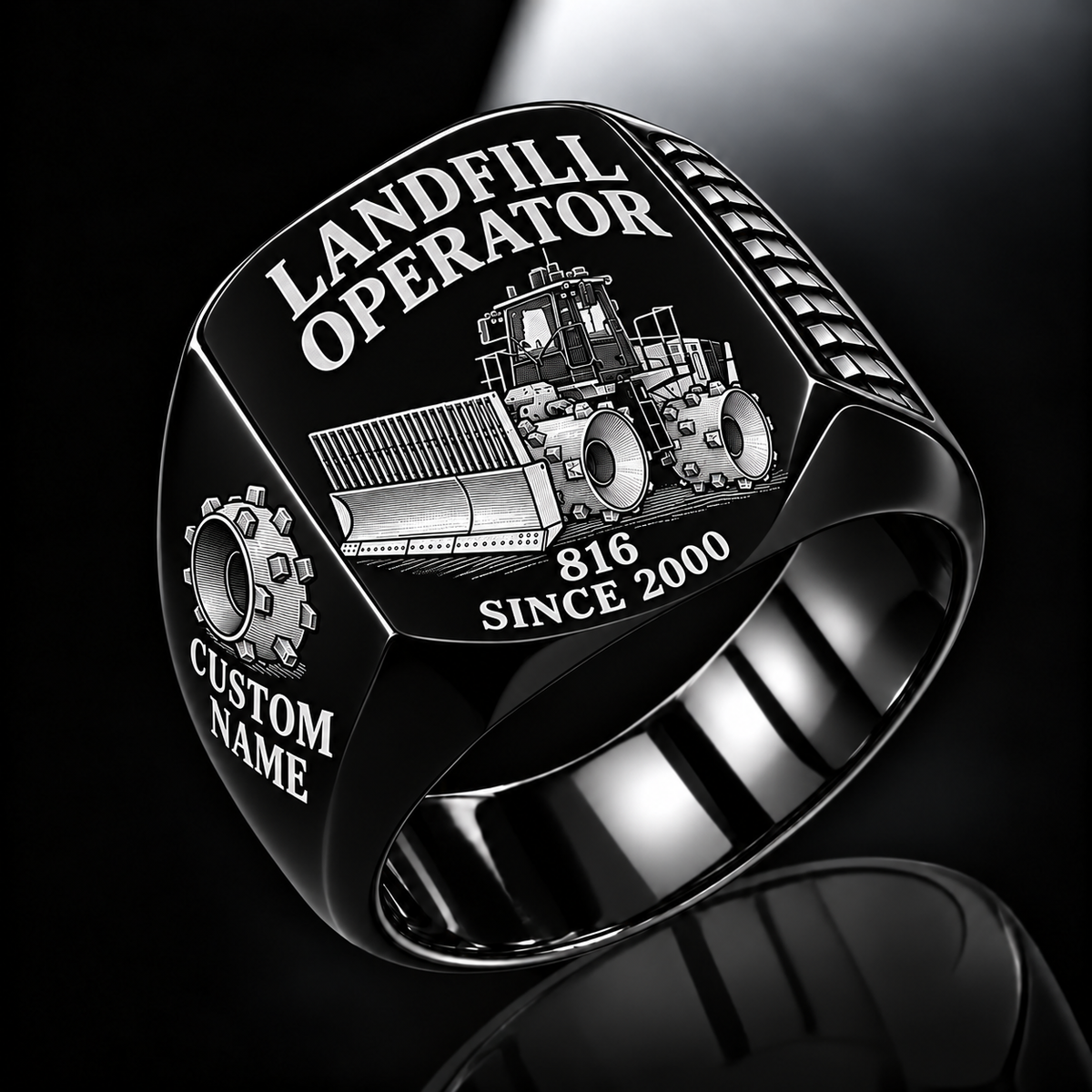 Black personalized 816 landfill compactor operator signet ring with flat machine artwork and LANDFILL OPERATOR, 816, CUSTOM NAME and SINCE 2000 engraving.