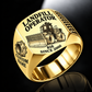 Gold personalized 816 landfill compactor operator signet ring with flat machine artwork and LANDFILL OPERATOR, 816, CUSTOM NAME and SINCE 2000 engraving.