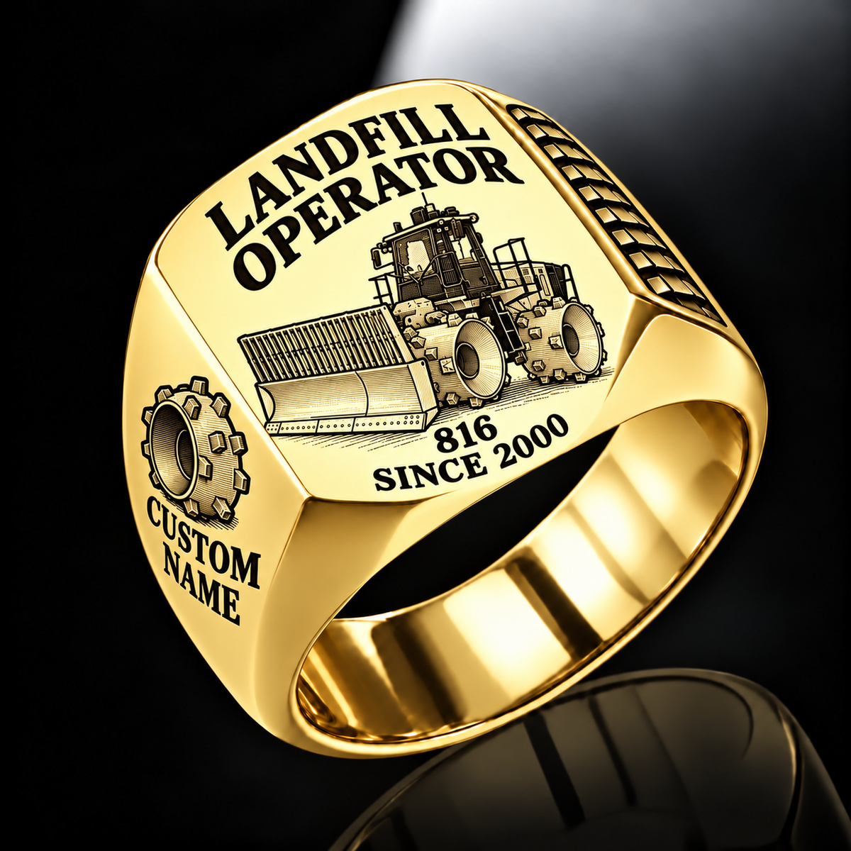Gold personalized 816 landfill compactor operator signet ring with flat machine artwork and LANDFILL OPERATOR, 816, CUSTOM NAME and SINCE 2000 engraving.