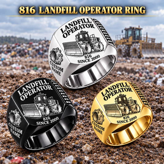 Three personalized 816 landfill compactor operator signet rings in Silver, Gold and Black finishes, with LANDFILL OPERATOR, 816, CUSTOM NAME and SINCE 2000 engraving.