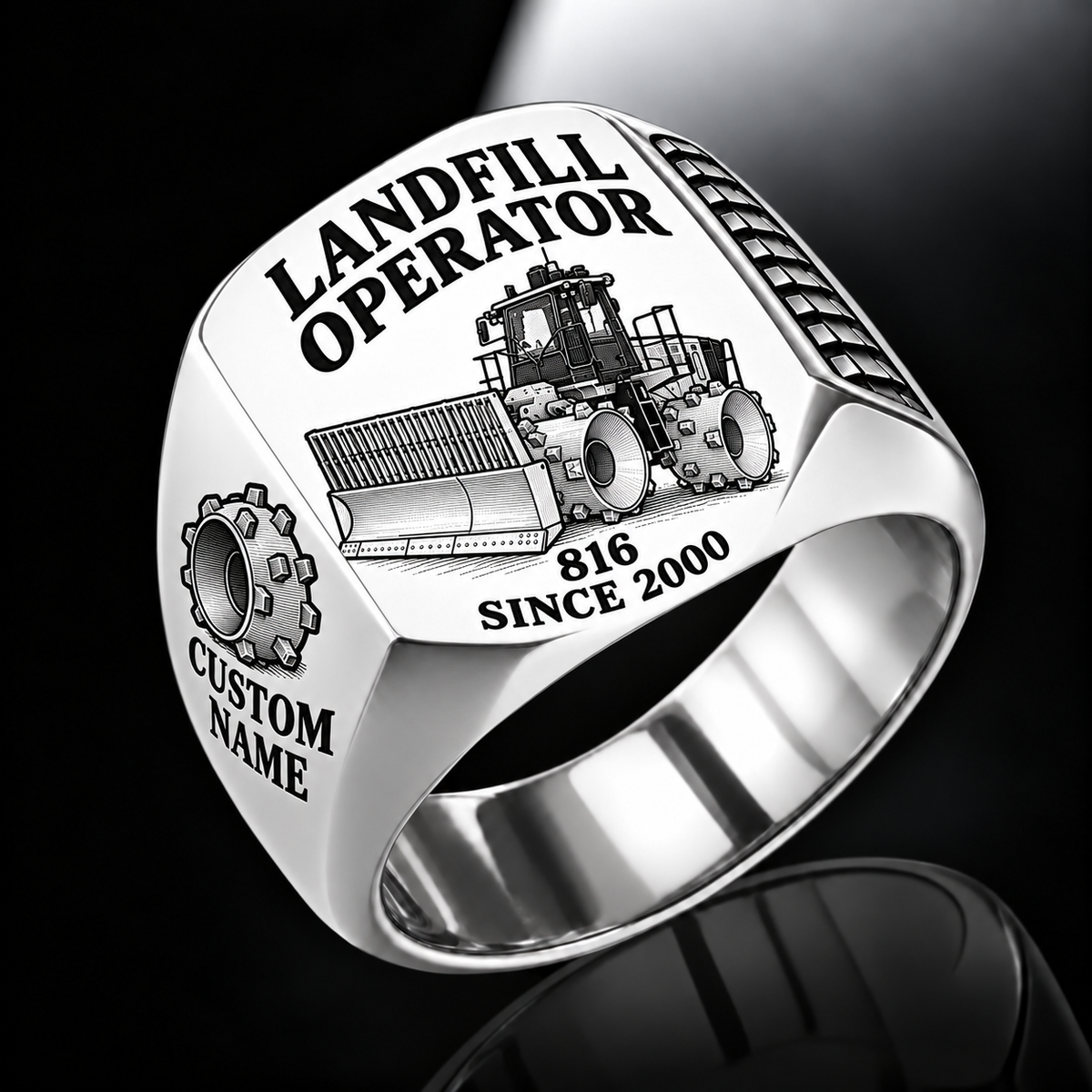 Silver personalized 816 landfill compactor operator signet ring with flat machine artwork and LANDFILL OPERATOR, 816, CUSTOM NAME and SINCE 2000 engraving.