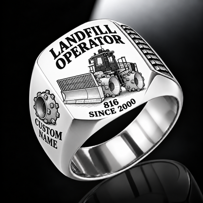 Silver personalized 816 landfill compactor operator signet ring with flat machine artwork and LANDFILL OPERATOR, 816, CUSTOM NAME and SINCE 2000 engraving.