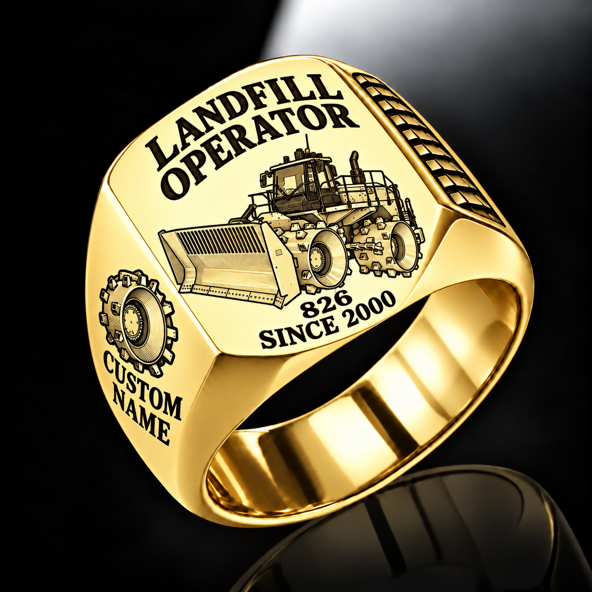 Gold personalized 826 landfill compactor operator signet ring with flat machine artwork and LANDFILL OPERATOR, 826, CUSTOM NAME and SINCE 2000 engraving.