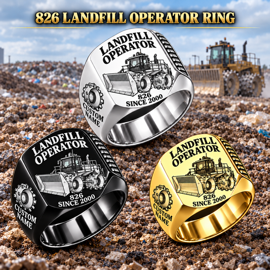 Three personalized 826 landfill compactor operator signet rings in Silver, Gold and Black finishes, with LANDFILL OPERATOR, 826, CUSTOM NAME and SINCE 2000 engraving.