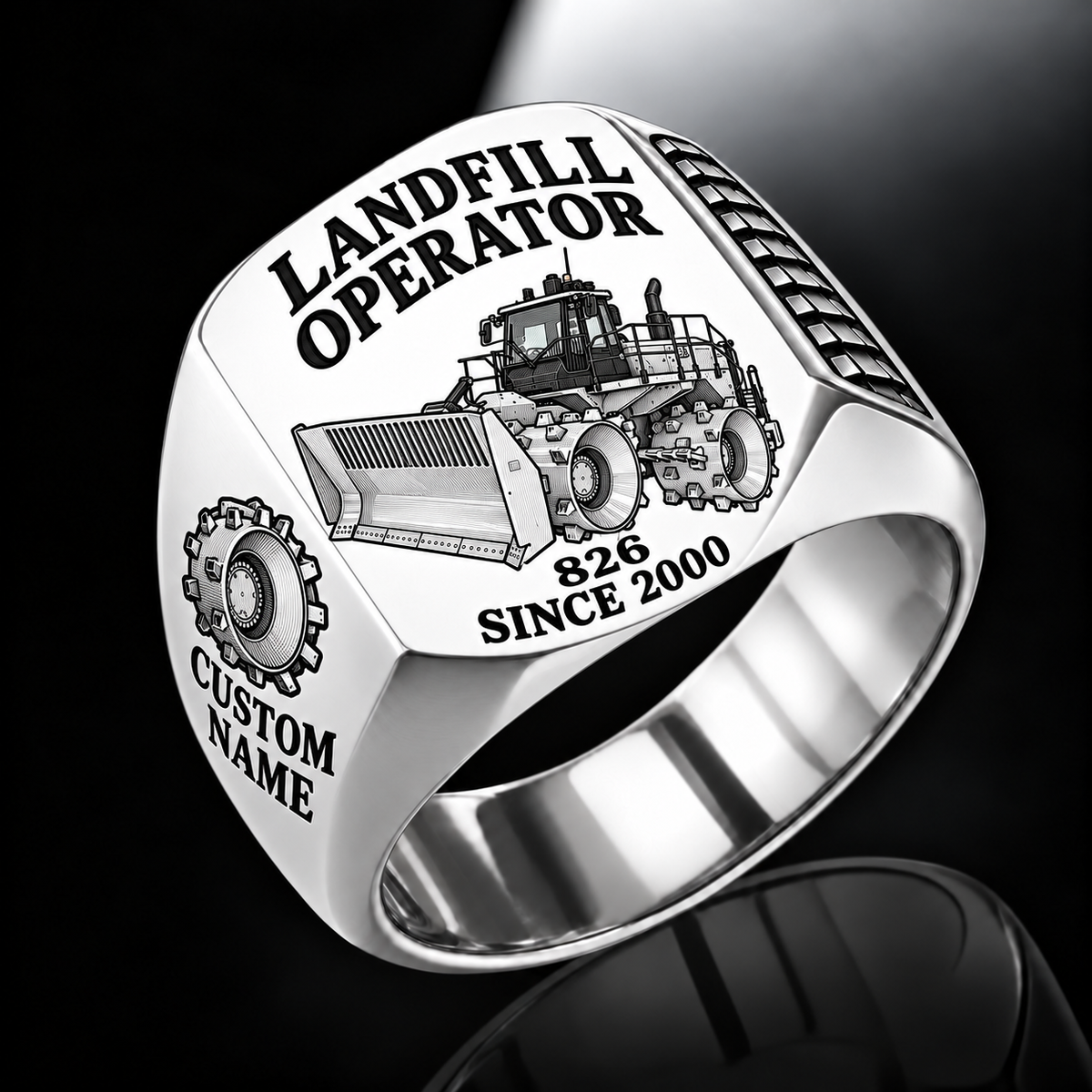 Silver personalized 826 landfill compactor operator signet ring with flat machine artwork and LANDFILL OPERATOR, 826, CUSTOM NAME and SINCE 2000 engraving.