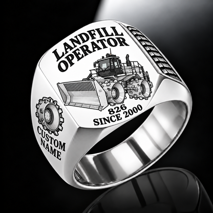 Silver personalized 826 landfill compactor operator signet ring with flat machine artwork and LANDFILL OPERATOR, 826, CUSTOM NAME and SINCE 2000 engraving.