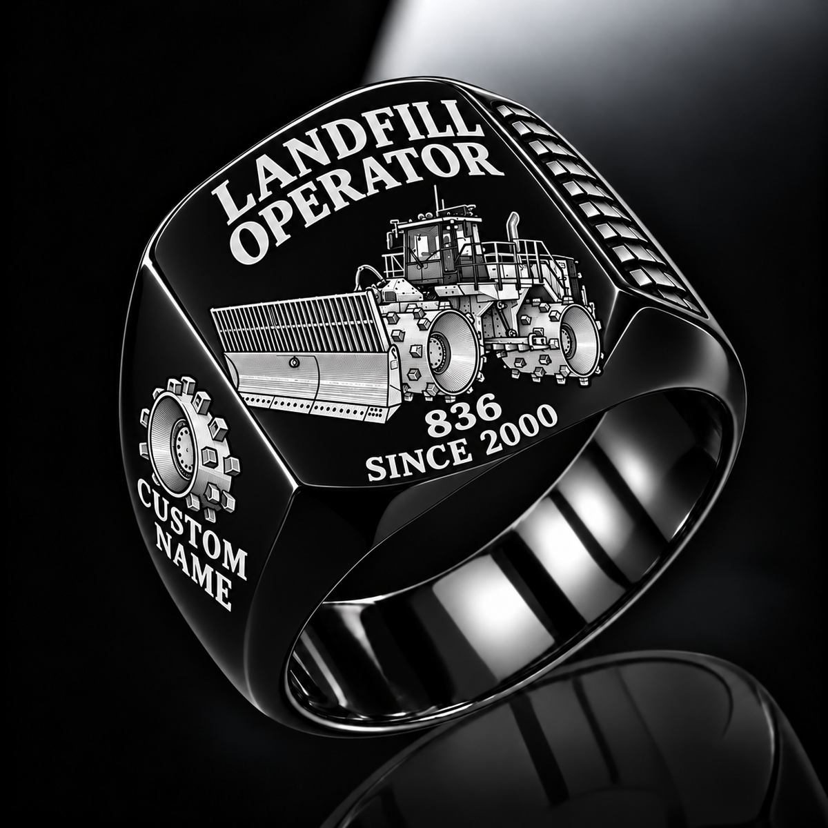 Black personalized 836 landfill compactor operator signet ring with flat machine artwork and LANDFILL OPERATOR, 836, CUSTOM NAME and SINCE 2000 engraving.