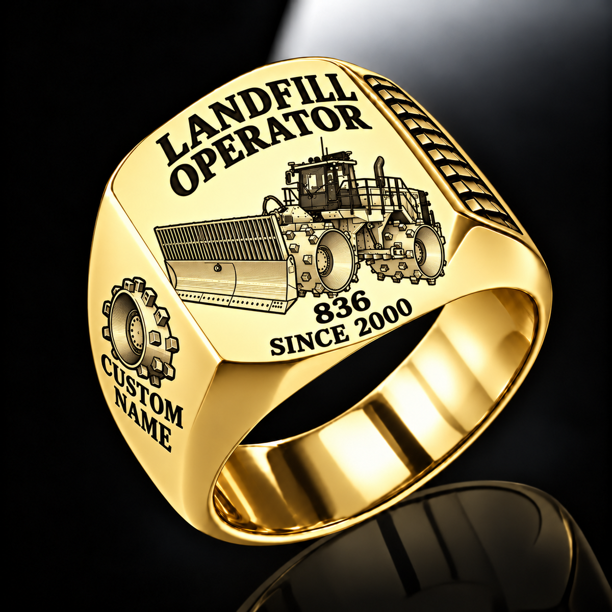Gold personalized 836 landfill compactor operator signet ring with flat machine artwork and LANDFILL OPERATOR, 836, CUSTOM NAME and SINCE 2000 engraving.