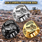 Three personalized 836 landfill compactor operator signet rings in Silver, Gold and Black finishes, with LANDFILL OPERATOR, 836, CUSTOM NAME and SINCE 2000 engraving.