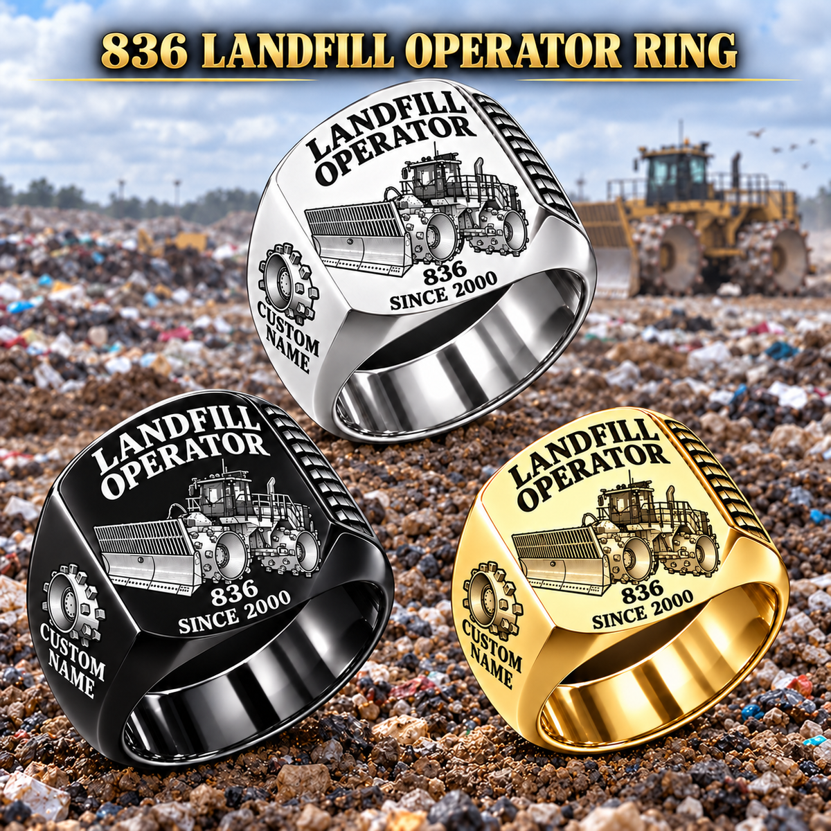 Three personalized 836 landfill compactor operator signet rings in Silver, Gold and Black finishes, with LANDFILL OPERATOR, 836, CUSTOM NAME and SINCE 2000 engraving.