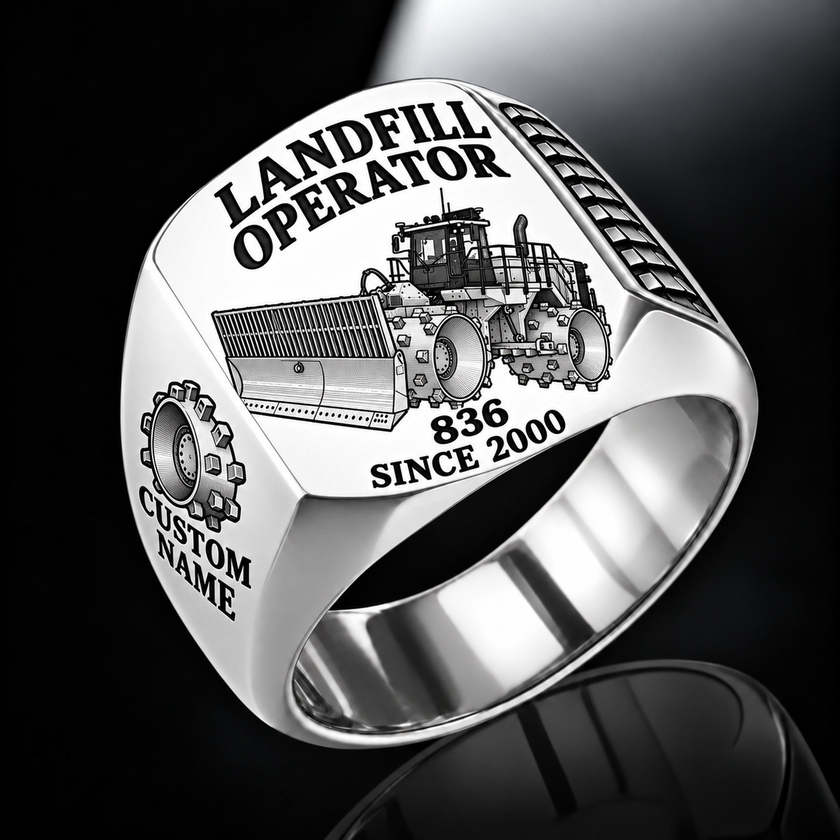 Silver personalized 836 landfill compactor operator signet ring with flat machine artwork and LANDFILL OPERATOR, 836, CUSTOM NAME and SINCE 2000 engraving.