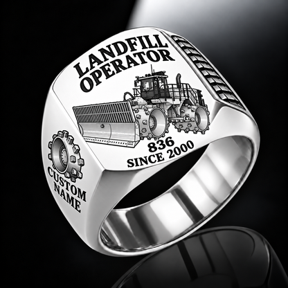 Silver personalized 836 landfill compactor operator signet ring with flat machine artwork and LANDFILL OPERATOR, 836, CUSTOM NAME and SINCE 2000 engraving.