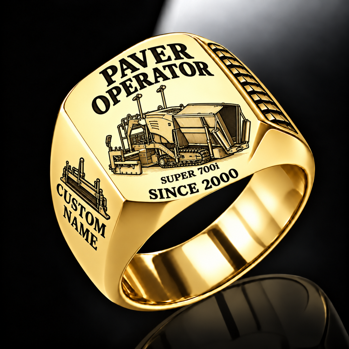 Gold personalized SUPER 700i asphalt paver operator signet ring with flat machine artwork and PAVER OPERATOR, SUPER 700i, CUSTOM NAME and SINCE 2000 engraving.
