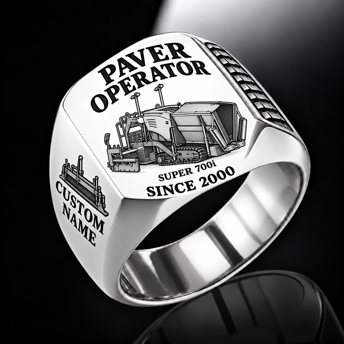 Silver personalized SUPER 700i asphalt paver operator signet ring with flat machine artwork and PAVER OPERATOR, SUPER 700i, CUSTOM NAME and SINCE 2000 engraving.