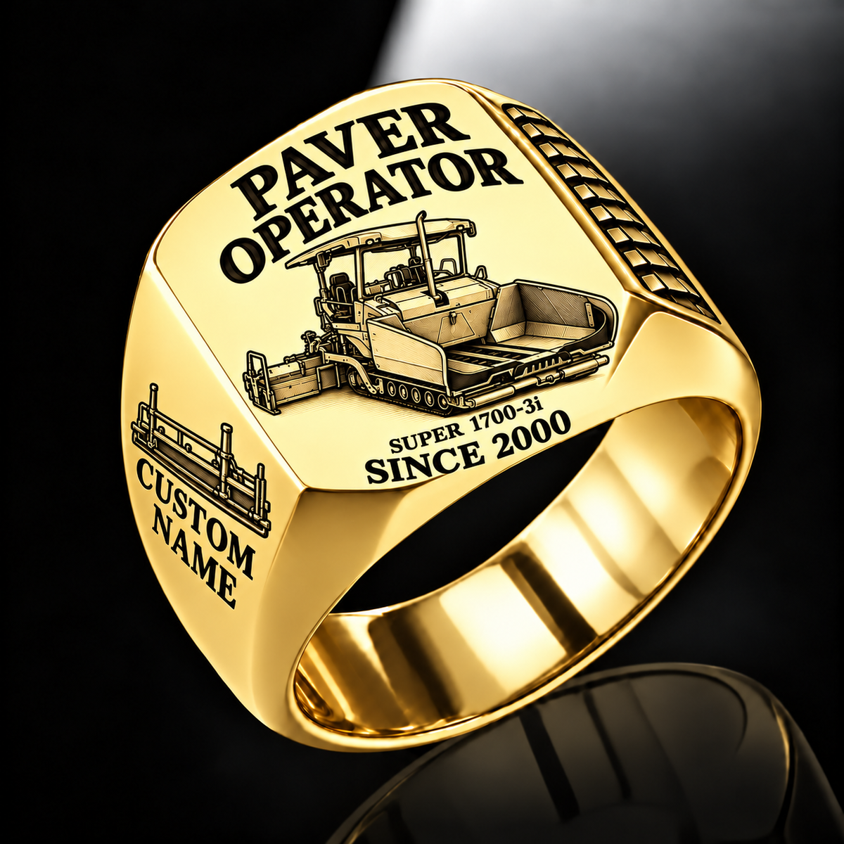 Gold personalized SUPER 1700-3i asphalt paver operator signet ring with flat machine artwork and PAVER OPERATOR, SUPER 1700-3i, CUSTOM NAME and SINCE 2000 engraving.