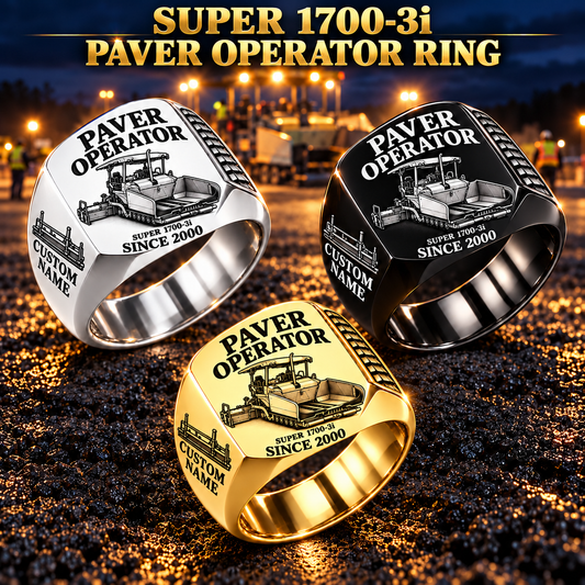 Three personalized SUPER 1700-3i asphalt paver operator signet rings in Silver, Gold and Black finishes, with PAVER OPERATOR, SUPER 1700-3i, CUSTOM NAME and SINCE 2000 engraving.