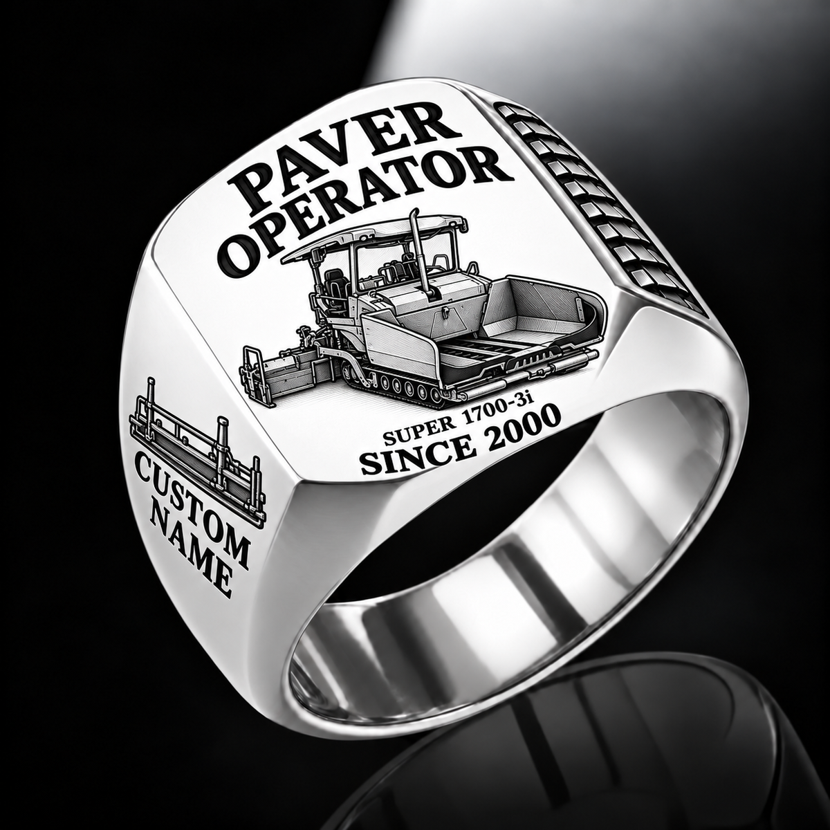 Silver personalized SUPER 1700-3i asphalt paver operator signet ring with flat machine artwork and PAVER OPERATOR, SUPER 1700-3i, CUSTOM NAME and SINCE 2000 engraving.