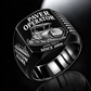 Black personalized SUPER 2000-3i asphalt paver operator signet ring with flat machine artwork and PAVER OPERATOR, SUPER 2000-3i, CUSTOM NAME and SINCE 2000 engraving.
