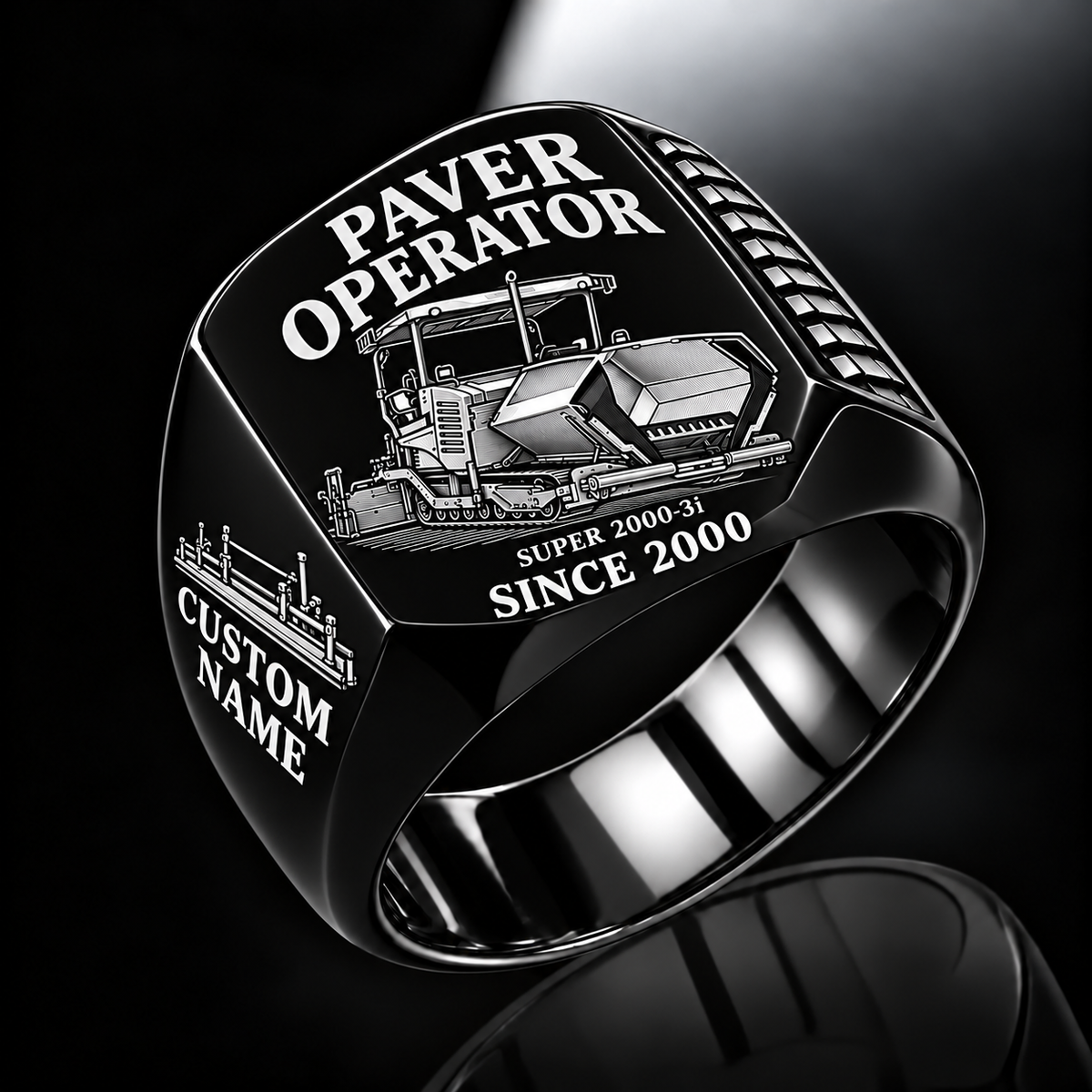 Black personalized SUPER 2000-3i asphalt paver operator signet ring with flat machine artwork and PAVER OPERATOR, SUPER 2000-3i, CUSTOM NAME and SINCE 2000 engraving.