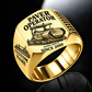 Gold personalized SUPER 2000-3i asphalt paver operator signet ring with flat machine artwork and PAVER OPERATOR, SUPER 2000-3i, CUSTOM NAME and SINCE 2000 engraving.