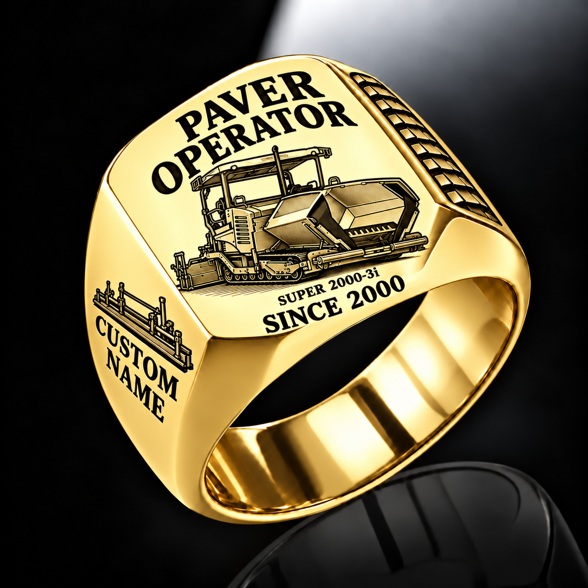 Gold personalized SUPER 2000-3i asphalt paver operator signet ring with flat machine artwork and PAVER OPERATOR, SUPER 2000-3i, CUSTOM NAME and SINCE 2000 engraving.