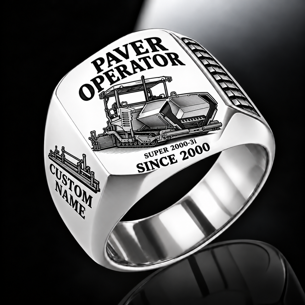 Silver personalized SUPER 2000-3i asphalt paver operator signet ring with flat machine artwork and PAVER OPERATOR, SUPER 2000-3i, CUSTOM NAME and SINCE 2000 engraving.