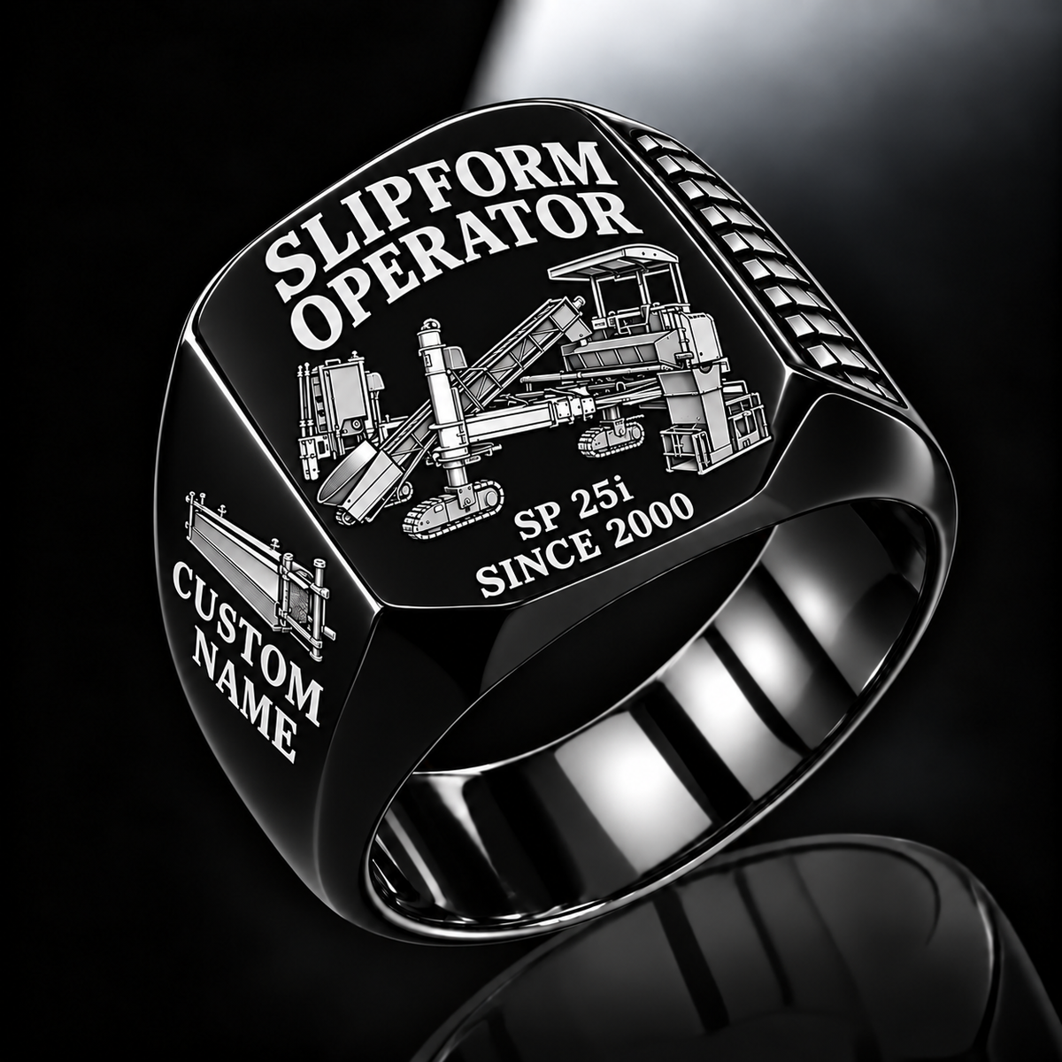 Black personalized SP 25i concrete slipform paver operator signet ring with flat machine artwork and SLIPFORM OPERATOR, SP 25i, CUSTOM NAME and SINCE 2000 engraving.