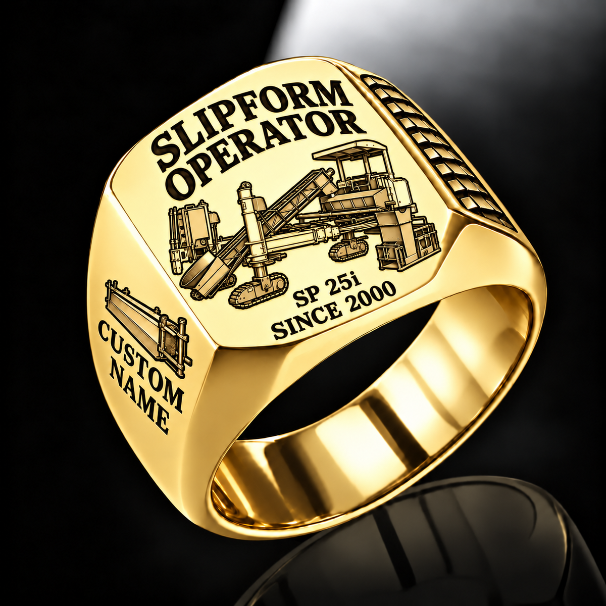 Gold personalized SP 25i concrete slipform paver operator signet ring with flat machine artwork and SLIPFORM OPERATOR, SP 25i, CUSTOM NAME and SINCE 2000 engraving.