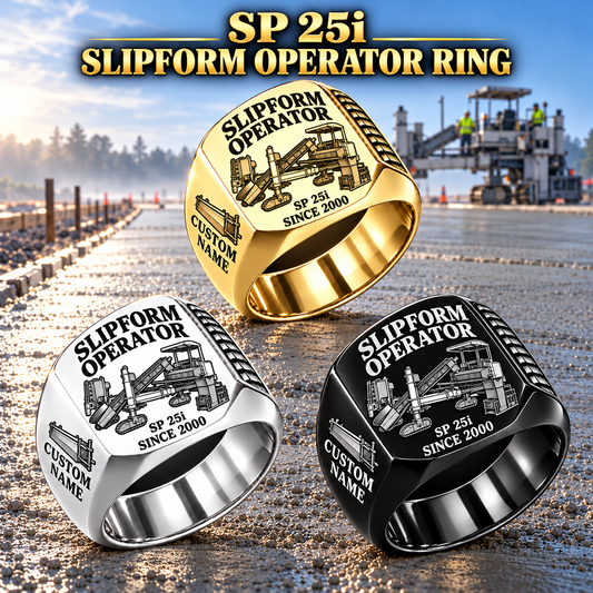 Three personalized SP 25i concrete slipform paver operator signet rings in Silver, Gold and Black finishes, with SLIPFORM OPERATOR, SP 25i, CUSTOM NAME and SINCE 2000 engraving.