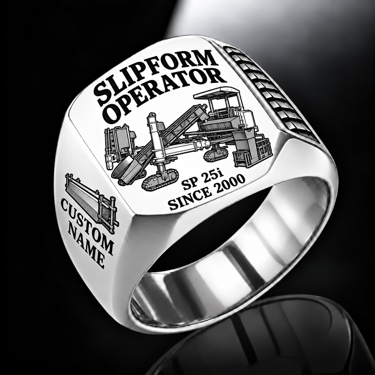 Silver personalized SP 25i concrete slipform paver operator signet ring with flat machine artwork and SLIPFORM OPERATOR, SP 25i, CUSTOM NAME and SINCE 2000 engraving.