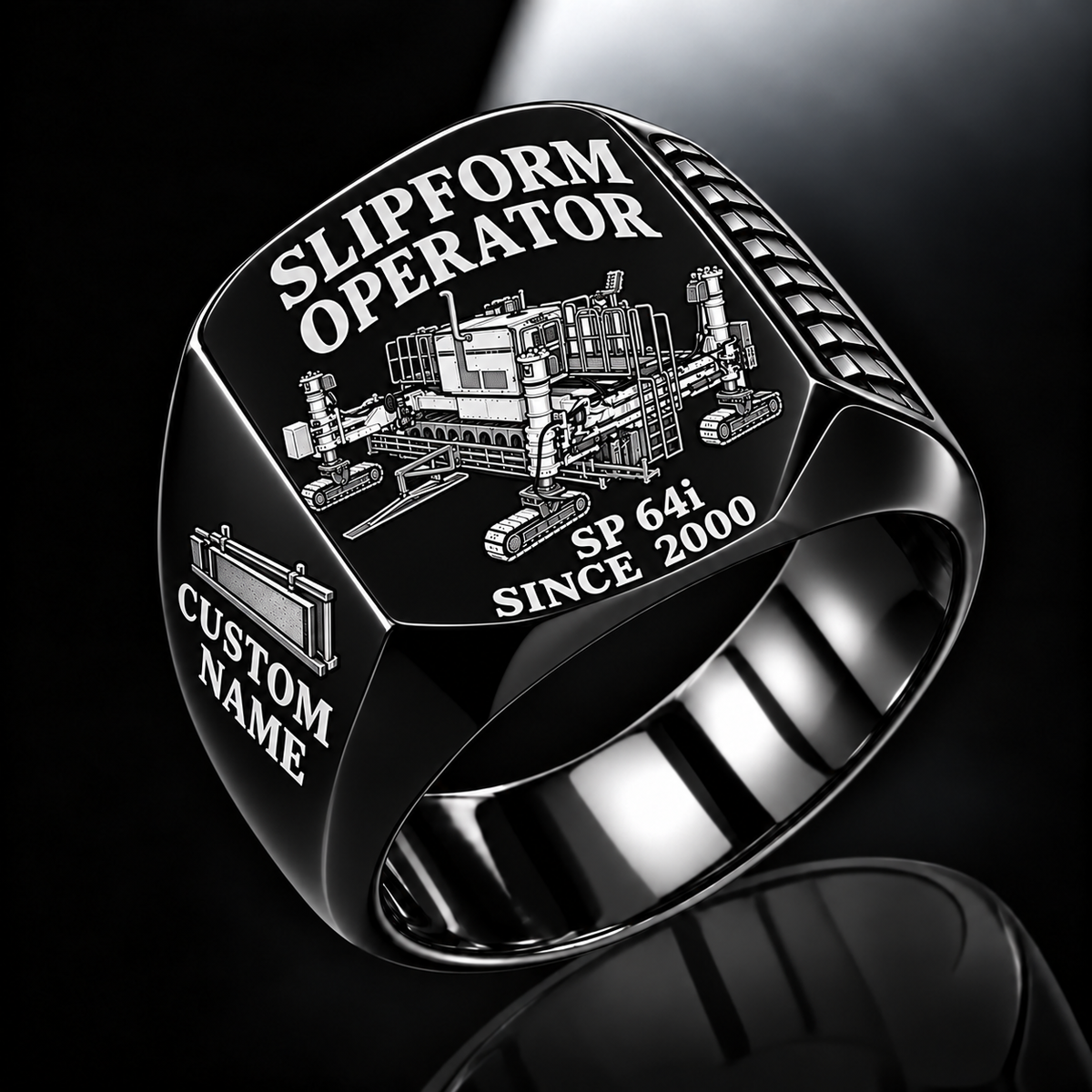 Black personalized SP 64i concrete slipform paver operator signet ring with flat machine artwork and SLIPFORM OPERATOR, SP 64i, CUSTOM NAME and SINCE 2000 engraving.