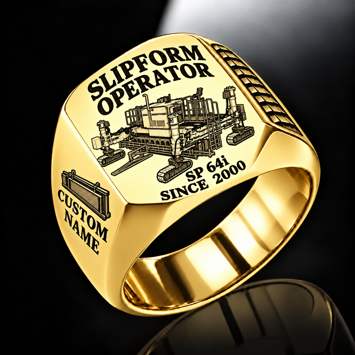 Gold personalized SP 64i concrete slipform paver operator signet ring with flat machine artwork and SLIPFORM OPERATOR, SP 64i, CUSTOM NAME and SINCE 2000 engraving.